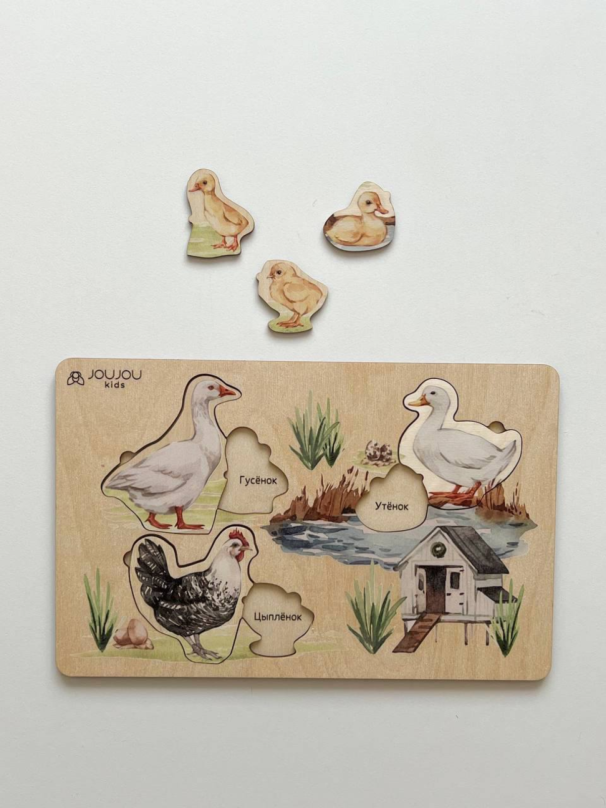 картинка Набор дидактических пазлов "Мама и детеныш" (лошадь, корова, свинка, гусь, утенок, курица, кошка, коза, овца, кролик) от магазина JOUJOU