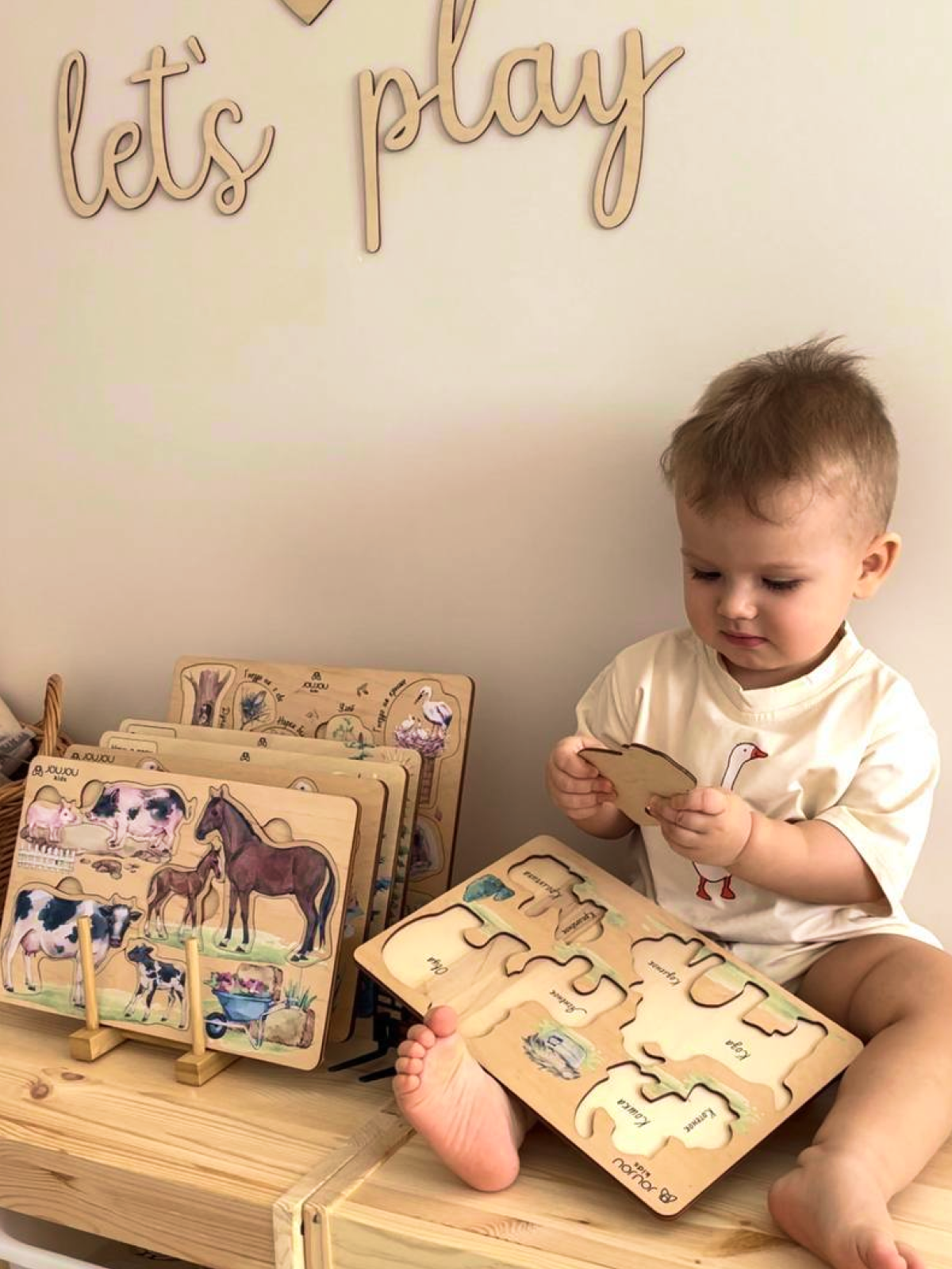 картинка Набор дидактических пазлов "Мама и детеныш" (лошадь, корова, свинка, гусь, утенок, курица, кошка, коза, овца, кролик) от магазина JOUJOU