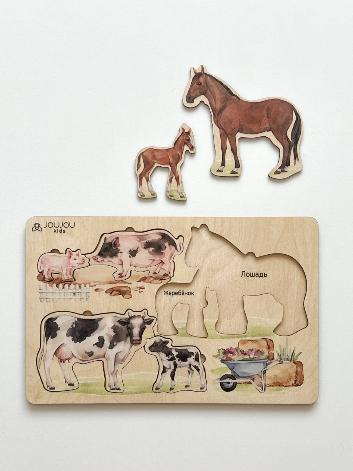 картинка Набор дидактических пазлов "Мама и детеныш" (лошадь, корова, свинка, гусь, утенок, курица, кошка, коза, овца, кролик) от магазина JOUJOU